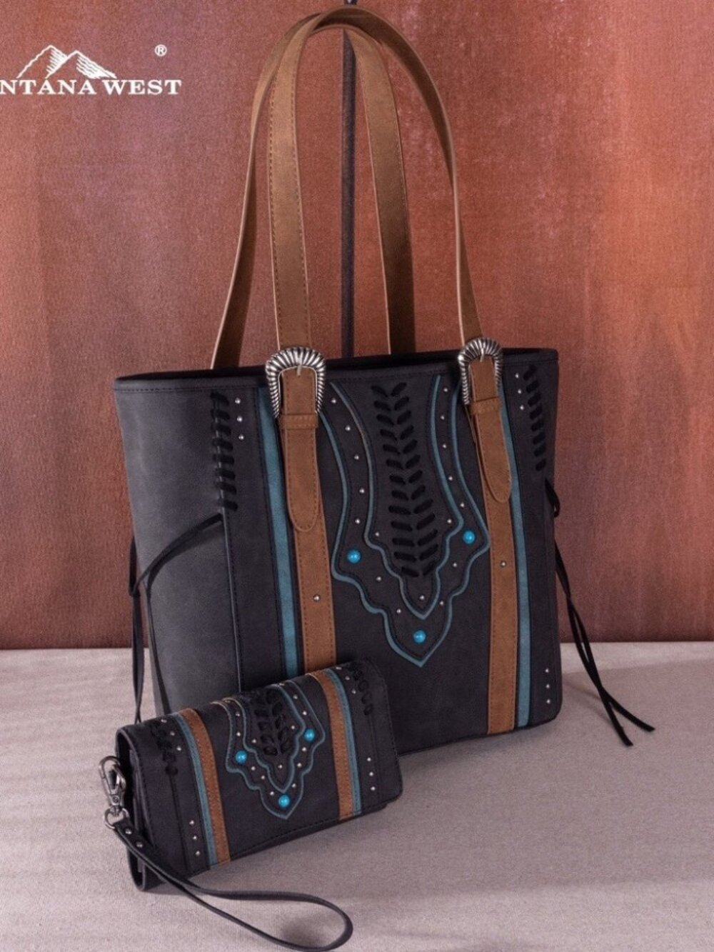 Montana West Buckle Collection Concealed Carry Tote Wallet Set Black